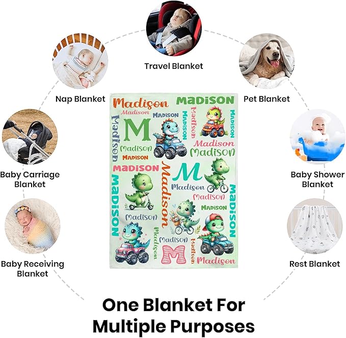 Custom Dinosaur Truck Blanket for Kids - Personalized Funny Dinosaur Gifts with Name - Plush Soft Warm Lightweight Flannel Throw Sheet Decor for Boys Girls Toddler Newborn Crib Nap Couch - 30"X40"