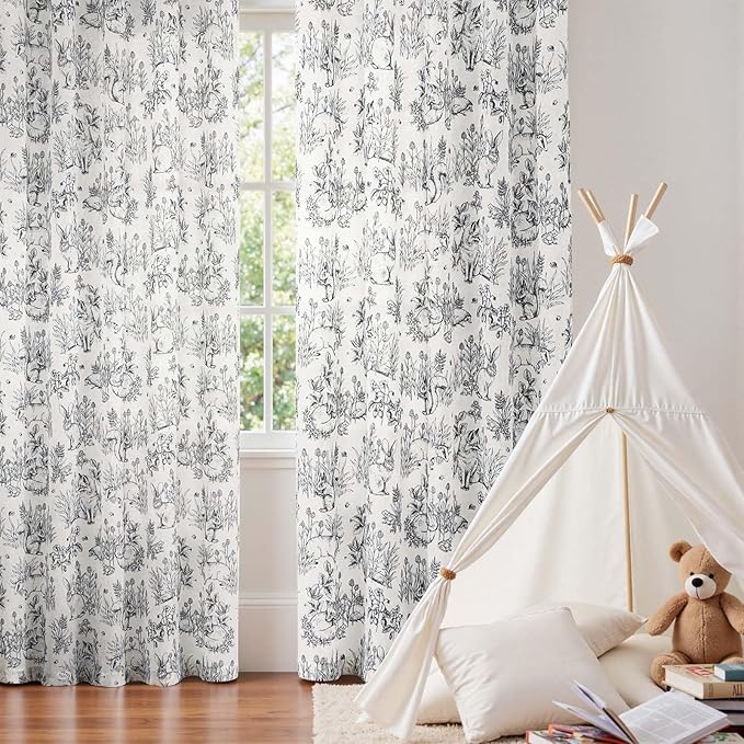 jinchan Linen Nursery Curtains 84 inch Long Woodland Wildlife Black Print Drapes for Kid's Room Light Filtering French Country Farmhouse Curtains with Bunny and Forest Design Set of 2 Panels