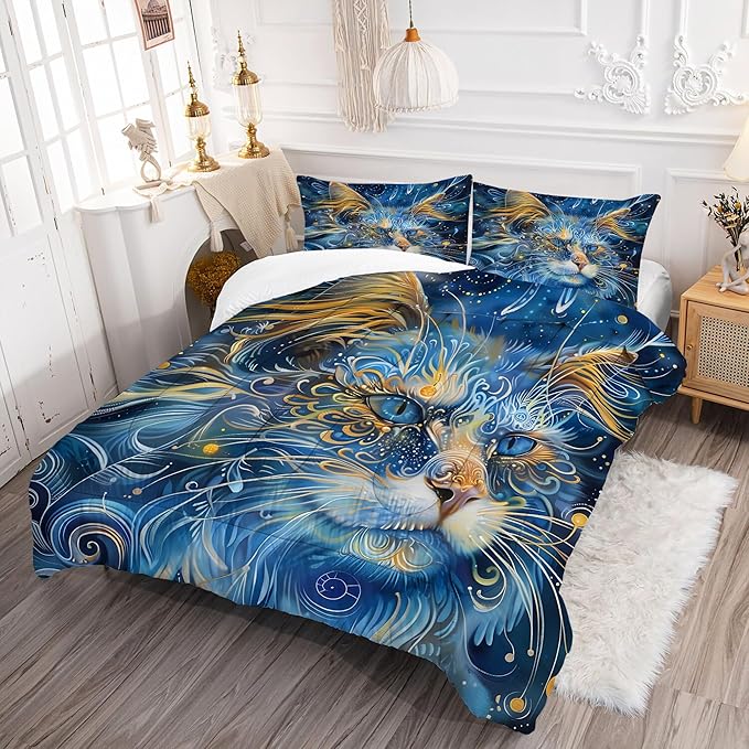 Cat Comforter Set Twin: Blue Exotic Cat Bedding Set for Kids Teens Girls Boys Room Decor Boho Mandala Ethnic Kitten Quilt Bed Sets 1 Comforter & 1 Pillowcase