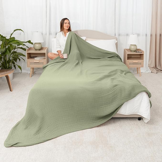 Comfy Cubs Muslin Blanket for Adults King 108" x 90" - 6 Layer Soft, Breathable & Lightweight Muslin Adult Blanket - Machine Washable & Designed in The US Bedding for All Seasons - Sage