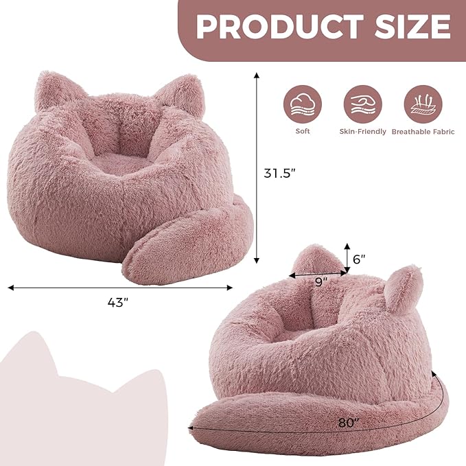 Bean Bag Chair for Adults Teen,Giant Bean Bag Chairs Cat Design,Plush Faux Fur Beanbag Couch Comfy Accent Floor Sofa for Reading, Playing, Relaxing in Living Room, Bedroom