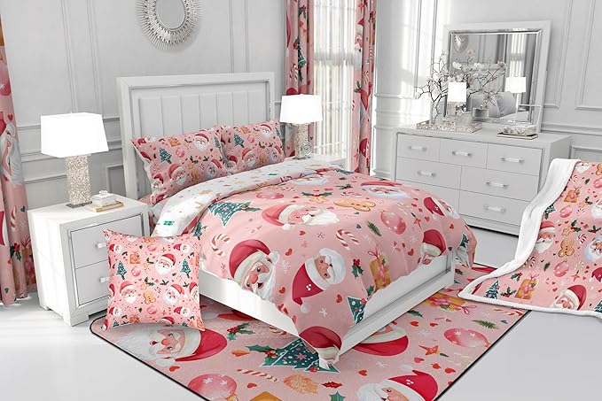 Feelyou Christmas Bedding Set Pink Gingerbread Man Duvet Cover Set for Kids Boys Girls Cookies Comforter Cover Christmas Tree Quilt Cover Bedroom Collection 2Pcs Toddler Size,No Comforter