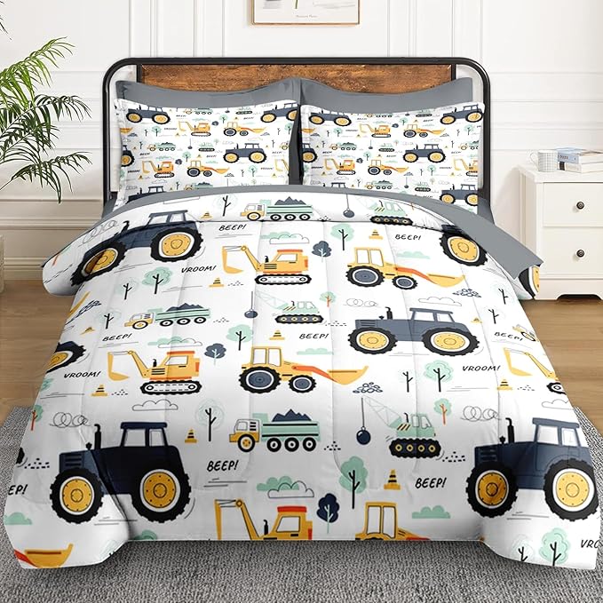 5 Pcs Twin Size Comforter Set with Pillowcase & Sham, Tractor Bedding for Kids and Adults, Construction Truck Bedding Set with Flat & Fitted Sheet