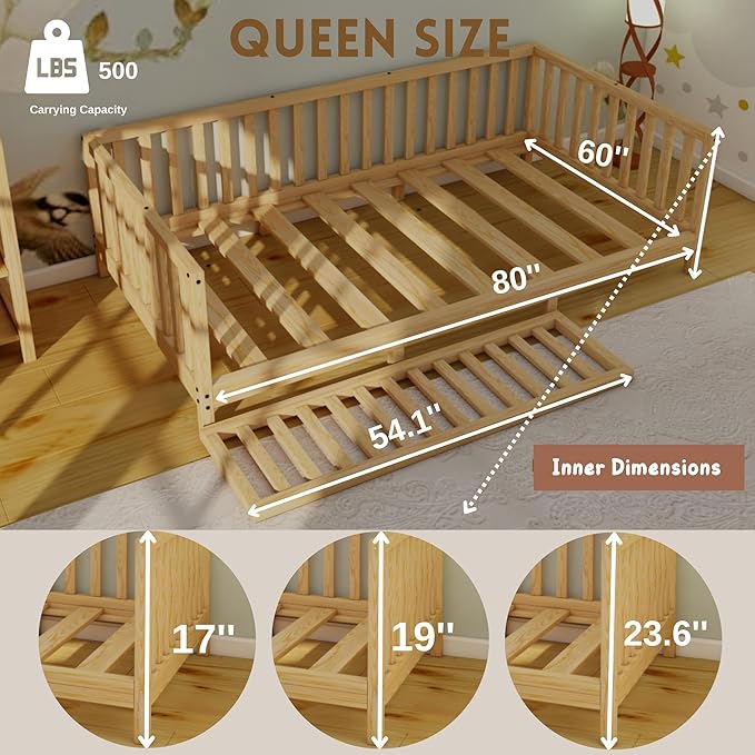 Montessori Floor Bed Designed with Open Front for Girls and Boys | Pine Wood Natural Solid Frame Beds Footed Model with Slats | Sturdy Designed Floor Bed Frame for Kids (Queen, Height : 23 Inches)