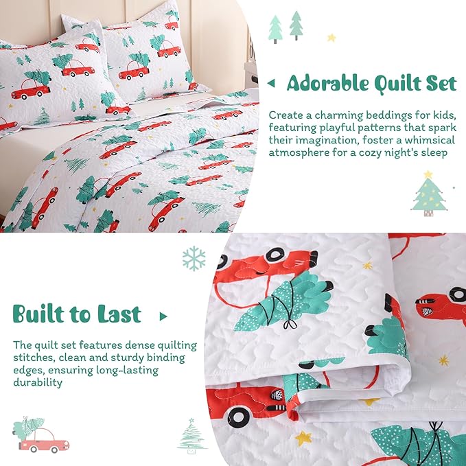 JSD 3 Pcs Kids Christmas Quilt Set Full/Queen, Red Truck Tree Christmas Theme Bedding, Soft Microfiber Bedspread Coverlet Holiday Quilted Blanket