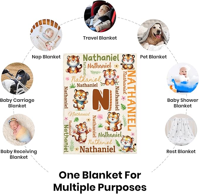 Personalized Custom Tiger Preschool Blanket Gifts for Baby Toddler Kids Boys Girls - Customized Tiger Super Soft Lightweight Flannel Sheets Decor for Crib Nap Couch - 30"x40" for Baby/Pets