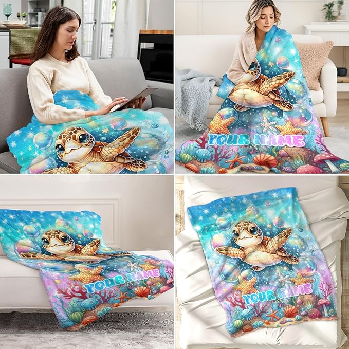 Custom Sea Turtle Blanket for Girls - 30 x 40 Inches Lap Size Animals Blankets for Kids - Blue Turtle Throw Gifts Stuff for Crib, Office