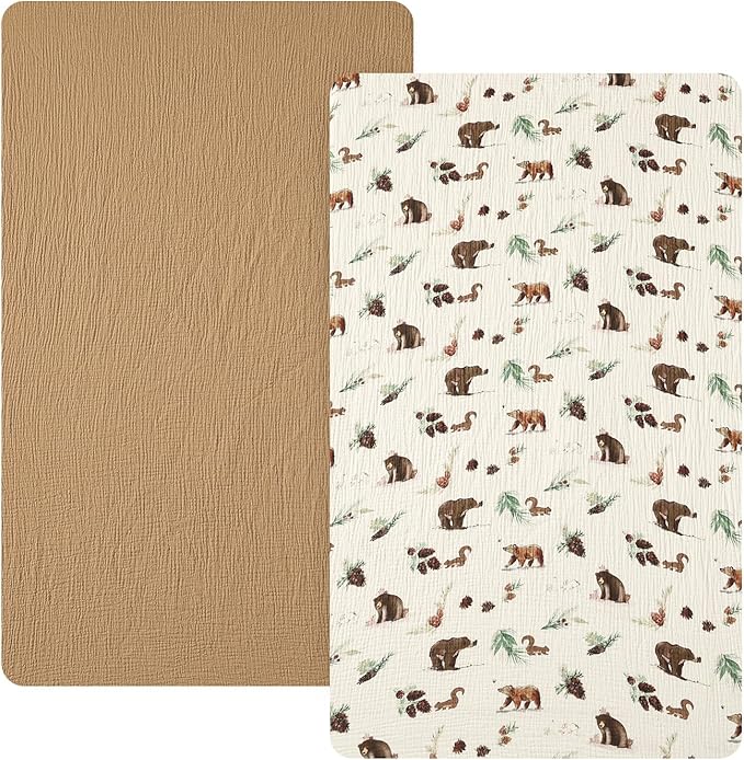 david's kids Muslin Mini Crib Sheets, 2 Pack Cotton Pack N Play Sheets for Boys, Soft Breathable Baby Sheets Fit Pack N Play, Playard and Mini Crib Mattresses, Woodland Animal