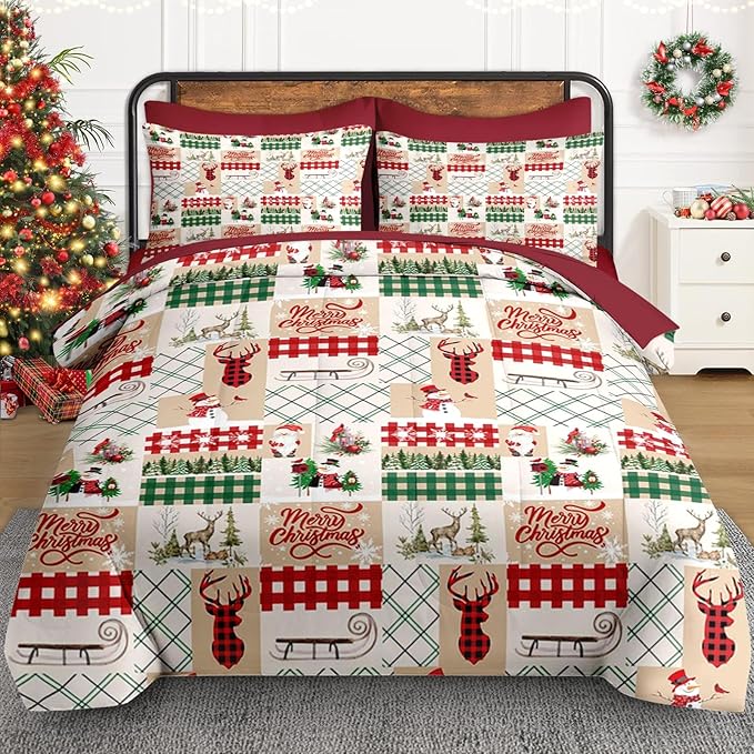 7 Pcs King Size Christmas Comforter Set with 2 Pillowcases & 2 Shams, Winter Xmas Plaid Bedding for Kids and Adults, Cute Snowman Reindeer Bed in a Bag with Flat Fitted Sheet