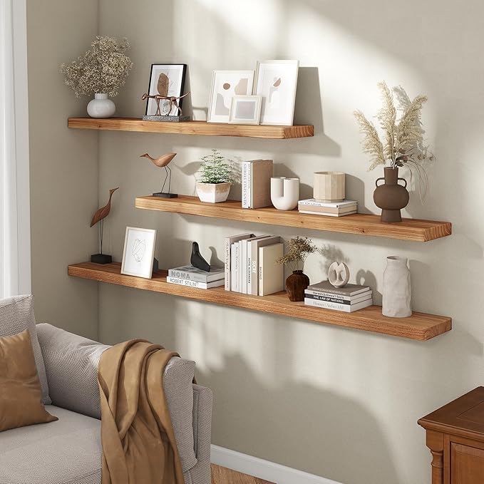 Fun Memories 72 Inch Floating Shelves for Wall, Solid Elm Wood Wall Shelf for Home Decor, Heavy-Duty Hardwood Floating Shelf for Bedroom, Bathroom, Living Room, Set of 1