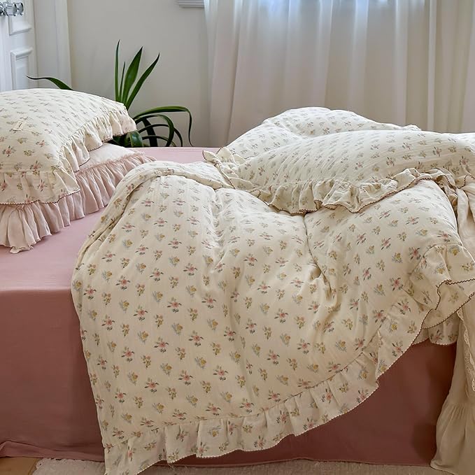 BuLuTu 2-Layer Cotton Muslin Duvet Cover Full for Kids Girls Boys, Shabby Chic Floral Duvet Covers Beige Comforter/Quilt Cover with Ruffles, 79"x90", Azalea, No Pillow Cases