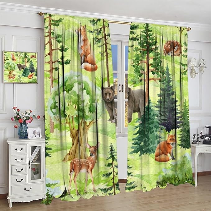 Woodland Animal Curtains, Watercolor Jungle Animals Fox Bear Pattern Blackout Window Treatments, Rod Pocket Thermal Insulated Drapes 2 Panel Sets for Kids Bedroom Nursery Classroom, 42" W X 63" L