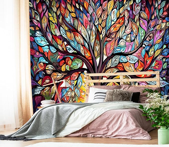 XMPMBM-Vintage Abstraction Art Forest backsplash Large Decorative Wallpaper Colorful Graffiti Tree Bedroom Bathroom Wall Mural- W 132" X H 92"（93 Square Foot）