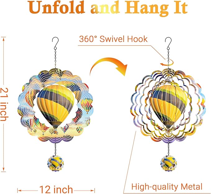 J-Fly Hanging Decor Outdoor,Outdoor Garden Decor，Wind Spinners Outdoor Colorful Hot Air Balloon Hanging Decor,Ornaments Kinetic Yard Art, for Women-Yellowish Gray Hot Air Balloon