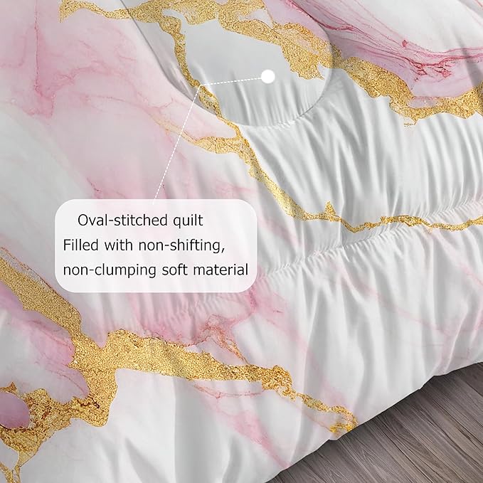 Girls Queen Comforter Set: Pink Marble Bedding Set Queen Size for Teen Girl Women Pink and Gold Abstract Marbling Bed Set Luxury Soft Quilt 1 Comforter & 2 Pillowcases