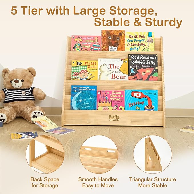 FUNLIO Solid Wood Montessori Classroom Bookshelf, 5 Tier Front-Facing Book Shelf for Kids, Toddler Bookshelf with Handle and Back Storage Space, Bookcase for Nursery/Playroom