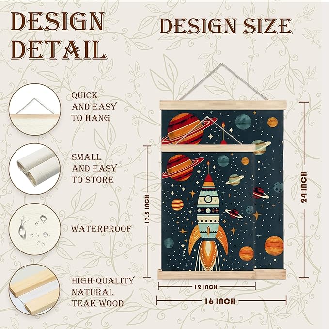 URLLUAE Rocket Ship Space Wall Art Posters for Kids Room, Colorful Outer Space Planet Poster Hanger Frame for Boys Bedroom Classroom Nursery Playroom Wall Decor, 16x24 Inch