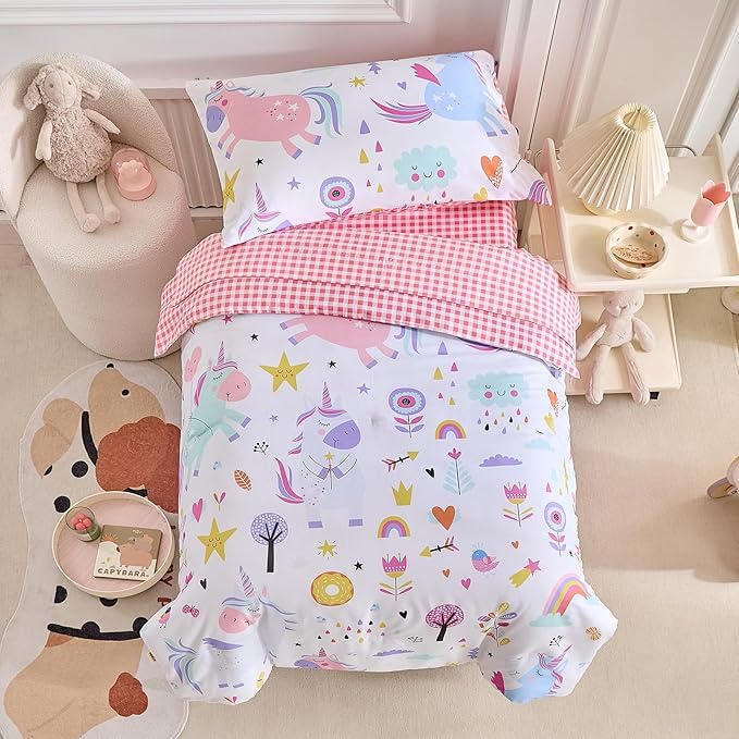 Joyreap 4 Piece Toddler Bedding Set for Girls- Pink Blue Colorful Unicorns Design, Microfiber Toddler Bedding Comforter Set for All Seasons