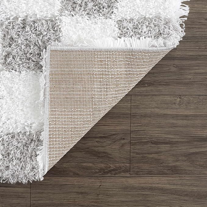 BoutiqueRugs Atira Modern Checkered Shag Area Rug - High Pile Fluffy Shaggy Carpet -Kids Room, Nursery, Living Room Shaggy Carpet - Light Gray, Cream, White - 7'10" X 10'3" (8x10)