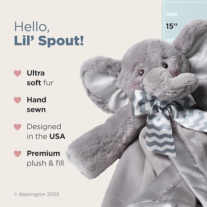 Bearington Baby Lil' Spout Snuggler - 15" Elephant Lovey Security Blanket with Satin Trim and Chevron Bow - Soft Plush Lovie for Babies and Baby Security Blanket Gift for Girls and Boys