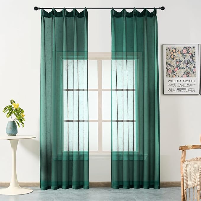 Emerald Green Curtains Sheer 90 Inches Long, Dark Linen Look Textured Light Filtering Drapes Decor, Hunter Green Transparent Window Treatments, Pinch Pleat Curtain with Hooks