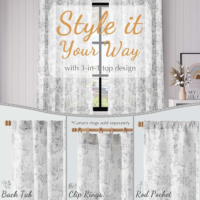 jinchan Linen Nursery Curtains 84 inch Long Woodland Wildlife Grey Print Drapes for Kid's Room Light Filtering French Country Farmhouse Gray Curtains with Bunny and Forest Design Set of 2 Panels