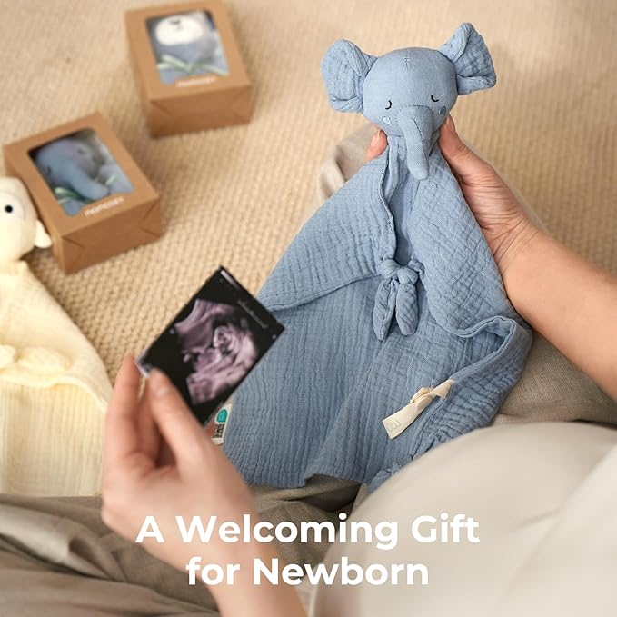 Momcozy Elephant Loveys for Babies with Cotton - Soft Security Blanket for Boy or Girl for Self-Soothing On-The-Go-Portable & Anti-Drop Design - Newborn Gift，Must Have（Blue 14 inch）