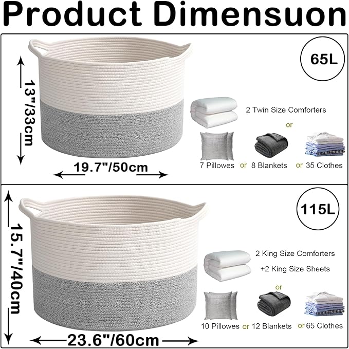Large Blanket Basket for Organizing,115L Closet Organizers and Storage Bins Box for Shelves Woven Rope Storage Baskets,Living Room,Bedroom,Dorm,Laundry room (White&Grey)