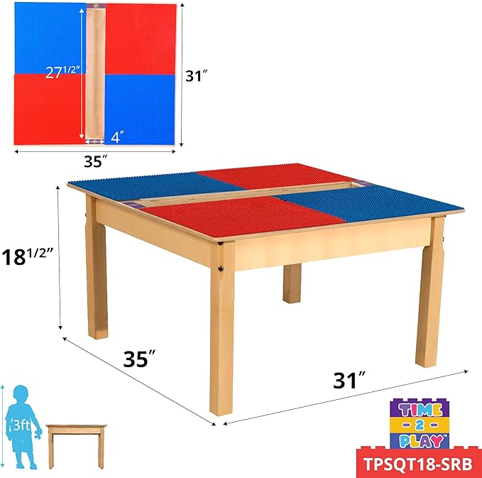 Contender Time-2-Play 35" W Square Red and Blue Compatible with Duplo Blocks Play Table with 18" Long Legs, Natural Finish Birch Children Activity Play Table, Solid Wood Desk for Playroom