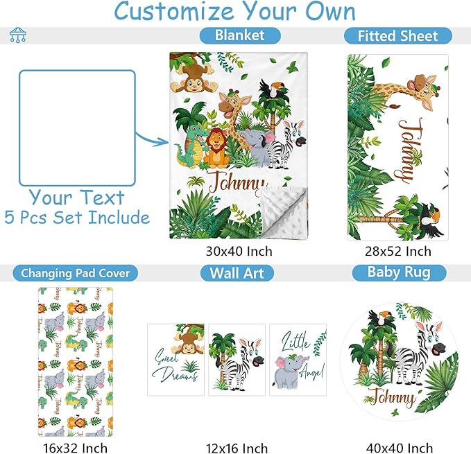 Personalized Baby Crib Bedding Set, 5 Pcs Custom Name Nursery Bedding Set for Boys Girls, Safari Animals Theme Baby Bedding Sets, Flannel Blanket, Newborn Infant New Parents Cusotmized Gifts