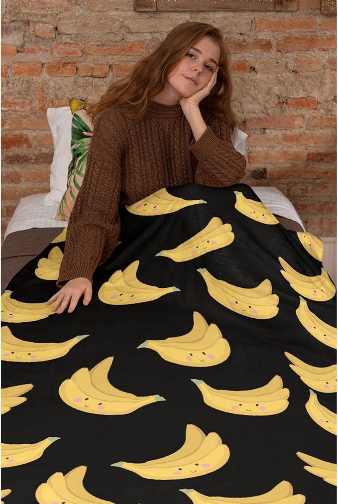 Thuswarm Cute Banana Kawaii Black Flannel Throw Blanket Warm Cozy Soft Funny Print Blankets for Bed Couch Sofa Room Decoration Gifts 60”×50” Medium for Teen