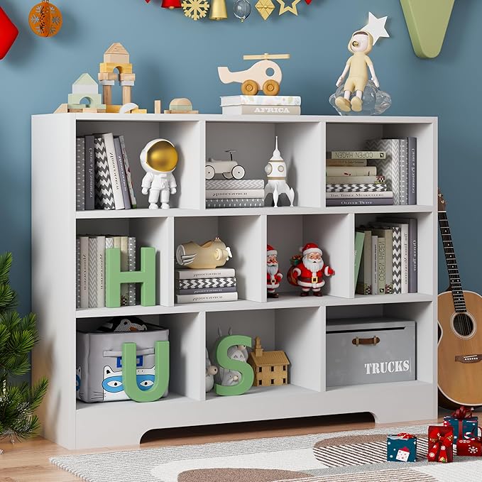 Kids Book Shelf Set of 2, 10 Cubes Storage Organizer Montessori Bookshelf, 3-Tier Wooden Kids Bookcase, Toy Storage Organizer for Children, White Toddler Bookshelf Cube Shelf for Kid’s Room