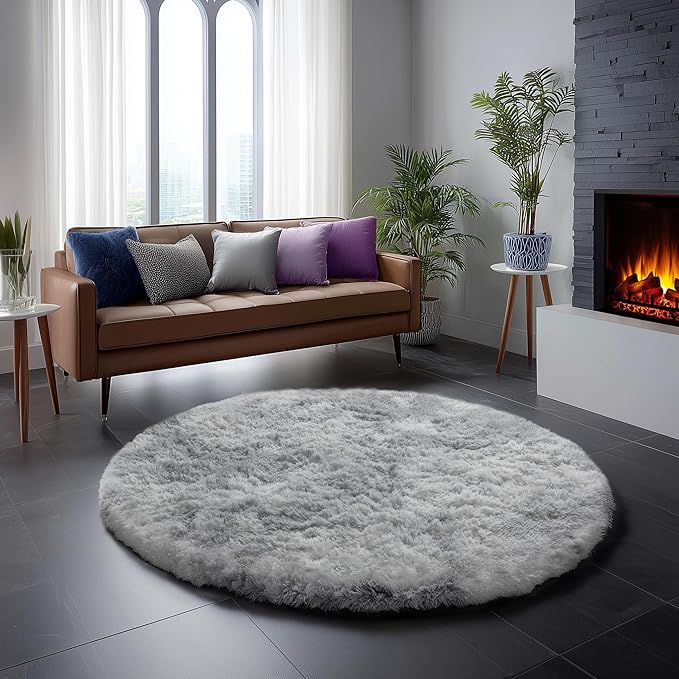 Amdrebio Tie-Dyed Light Grey Round Area Rug 4Ft for Bedroom Living Room, Soft Fluffy Circle Circular Rugs for Kids Room, Home Office Decor, Modern Floor Shag Fuzzy Farmhouse Gray Carpet for Teen Boys