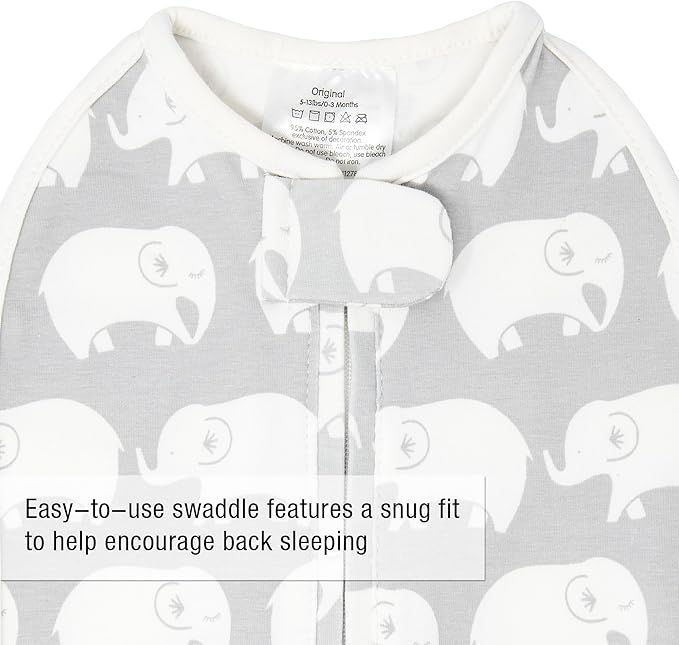 Woombie Original Baby Swaddling Blanket - Soothing, Cotton Baby Swaddle with Zipper - Wearable Newborn Blanket, Stardust Grey Elephant, 14-19 lbs