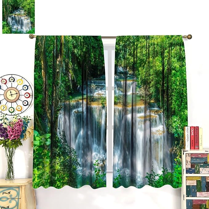 Scenic Nature Blackout Curtains, Natural Falls Landscape Forest Tree Waterfall Scenery Window Drapes, for Bedroom Living Room 72" W X 63" L
