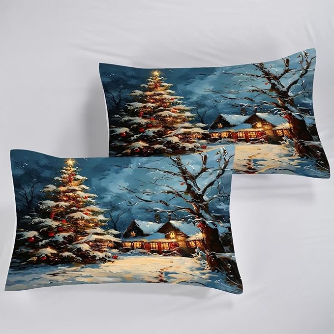 Christmas Comforter Set Twin: Winter Scenery Christmas Tree Bedding for Kids Girls Bedroom Festival Quilt 1 Comforter & 1 Pillowcase
