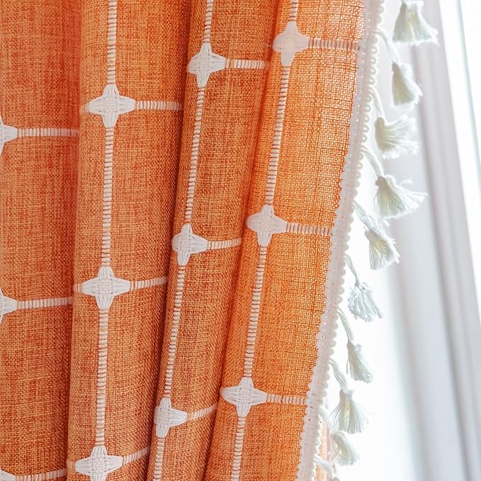Deeprove Boho Curtains 72 Inches Long for Laundry Room Bathroom, Linen Plaids Embroidery Semi Blackout Bohemian Farmhouse Window Treatment Grids Drape Tassels, 1 Panel W52 x L72 Burnt Orange