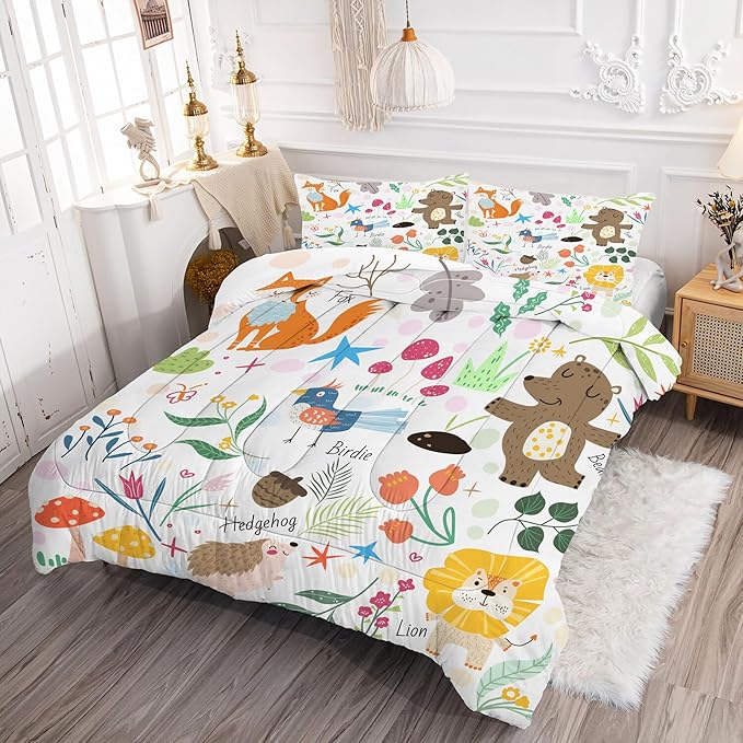 Animal Comforter Set Twin: Forest Animals Kids Bedding Set Cute Safari Woodland Quilt Jungle Cartoon Fox Bear Lion Flowers Bed Sets for Girls Boys Children Teens Toddler