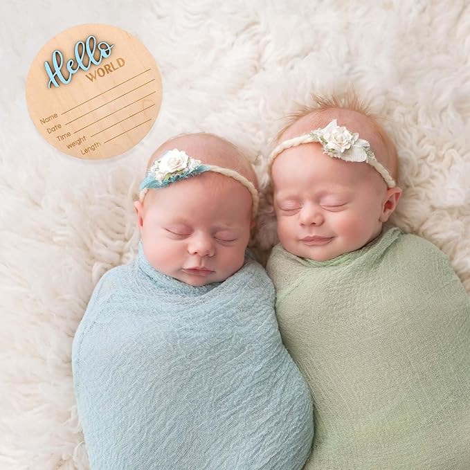 Newborn Announcement Sign, 15cm/5.9in Wooden Hello World Newborn Sign Birth Baby Name Plaques for Boys and Girls Baby Shower Photo Props or Hospital Nursery Decor (Blue)