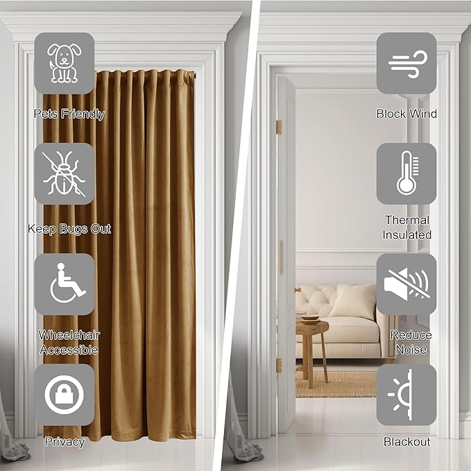 StangH Velvet Doorway Curtains Luxury Gold Brown Back Tab Thermal Insulated Window Drapes Privacy Blackout Room Divider for Autumn Living Room Decor Bedroom, W42 x L80, 1 Panel