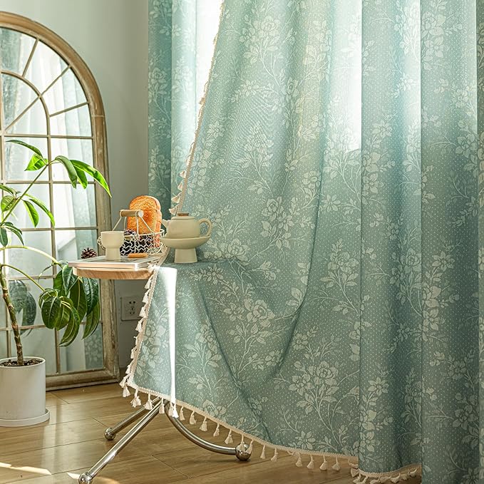 ENJOYBRIDAL Floral Curtains 63 Inch Length Sage Green Farmhouse Drapes Living Room Bedroom Semi Sheer Rod Pocket Window Curtain Panels Short Rustic Boho Retro 2 Panel Sets Window Treatments