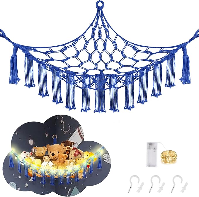 Stuffed Animal Hammock with LED Light, Toy Hammock for Stuffed Animals Storage for Kids Room Decor, Stuffed Animal Hammock Corner, Royal Blue