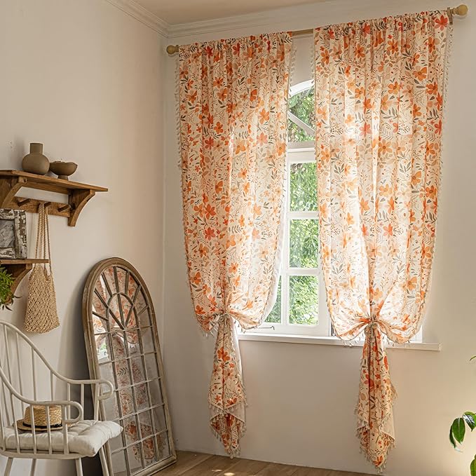 ENJOYBRIDAL Floral 63 Inch Curtains for Bedroom Living Room Drapes 2 Panel Sets Semi Sheer Farmhouse Short Window Curtain Panels Cute Patterned Boho Rod Pocket Cottagecore Window Treatments