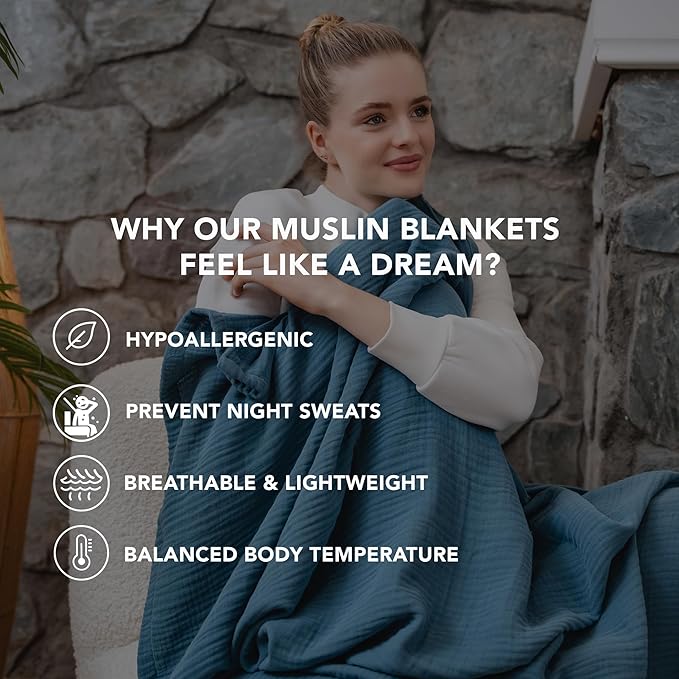 Goqan Muslin Blanket Twin 55x79 – 100% Cotton 4 Layer Boho Muslin Blanket for Adults, Lightweight, Soft, Breathable, for Bed, Couch - Teal
