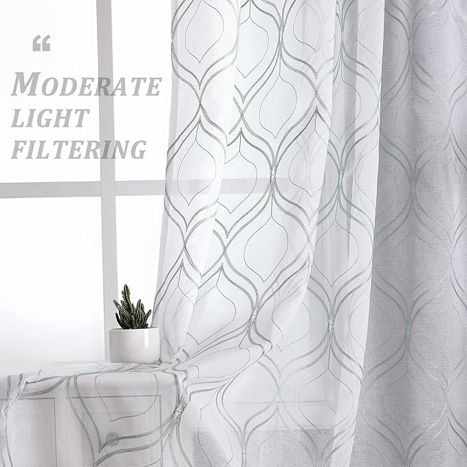VISIONTEX White Sheer Curtains 95 Inches Long 2 Panels Set Green Moroccan Embroidered Curtains Trellis French Textured Rod Pocket Voile Tulle Semi Window Drapes for Bedroom Living Room 54 x 95 Inches