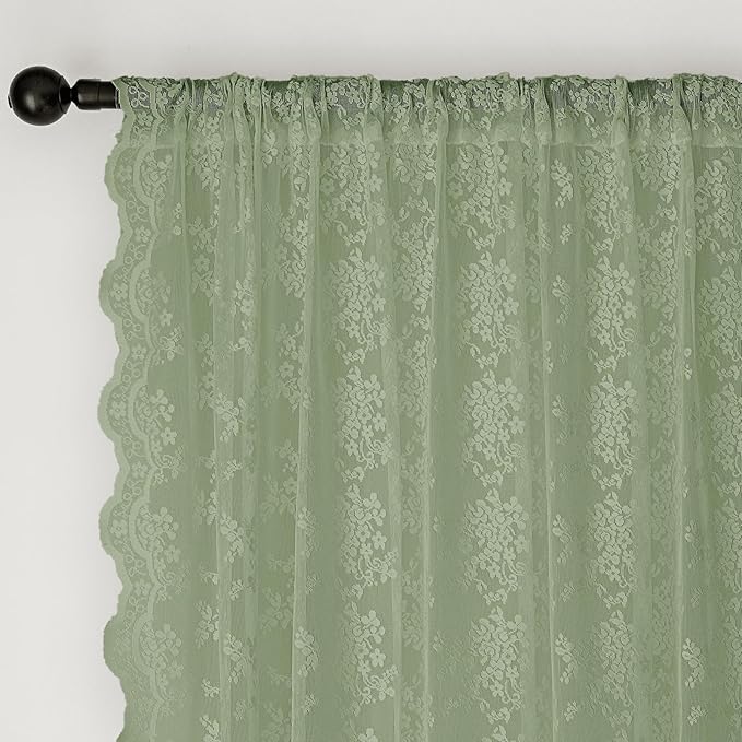 Anmao Vintage Sage Green Lace Curtains 54 Inches Long 2 Panels Sets, Romantic Light Filtering Semi Sheer Floral Thick Lacy Curtain Drapes for Living Room and Bedroom, Each Panel 55W x 54L, Sage Green