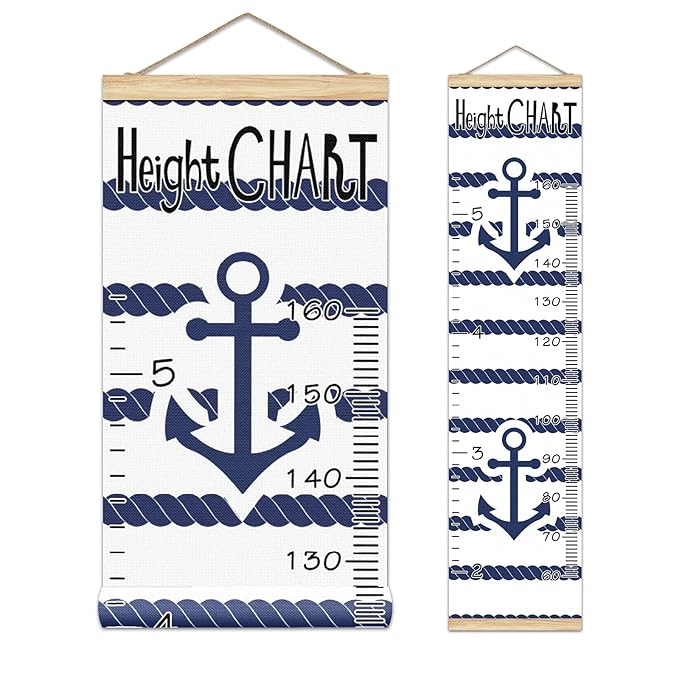 Kids Growth Chart Ruler for Wall Wood Frame Height Measure Chart 13.4x56 in Linen Hanging Height Growth Chart Anchor Blue and White Stripes Pattern Kids Room Decor