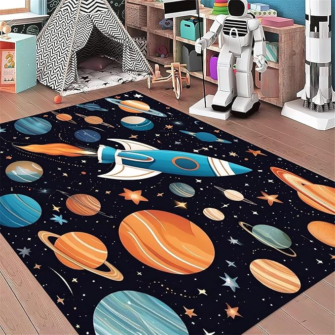 6x8ft Large Space Themed Area Rug - Cartoon Space Solar System Planets Area Rugs, Soft Non-Slip, Machine Washable Polyester Mats, Perfect for Kids Room, Playroom and Nursery, Space Room Decor