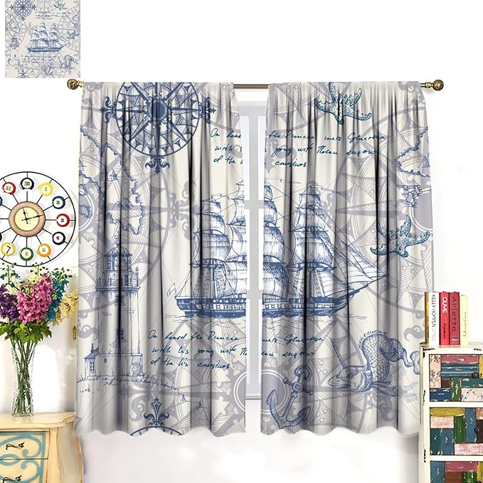 Nautical Sailboat Map Curtain,Ship Compass Lighthouse Anchor Decorative Curtain Polyester Fabric Waterproof Bedroom Curtain Set 2 Panels,42x63 Inches
