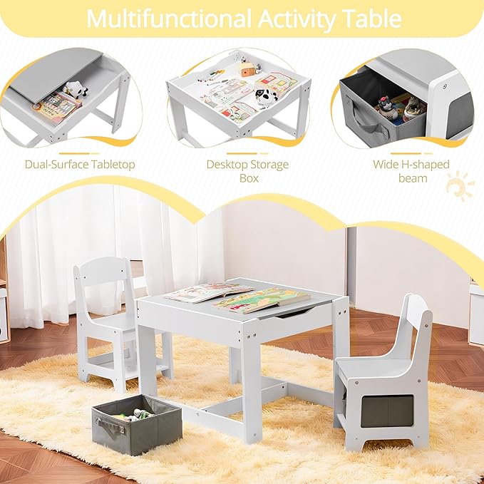 Kids Table and Chairs Set, 3 in 1 Wooden Toddler Table with Storage Drawer and Detachable Tabletop, for Children/Toddler/Baby Drawing Reading Playing, White and Gray